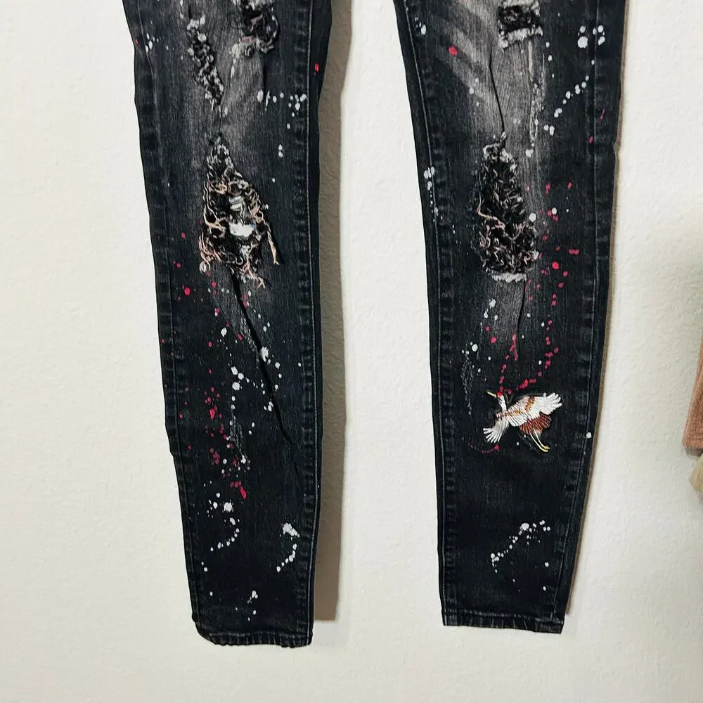 AMIRI Skinny-Fit Appliquéd Paint-Splatter Distressed Stretch-Denim Jean Black 28